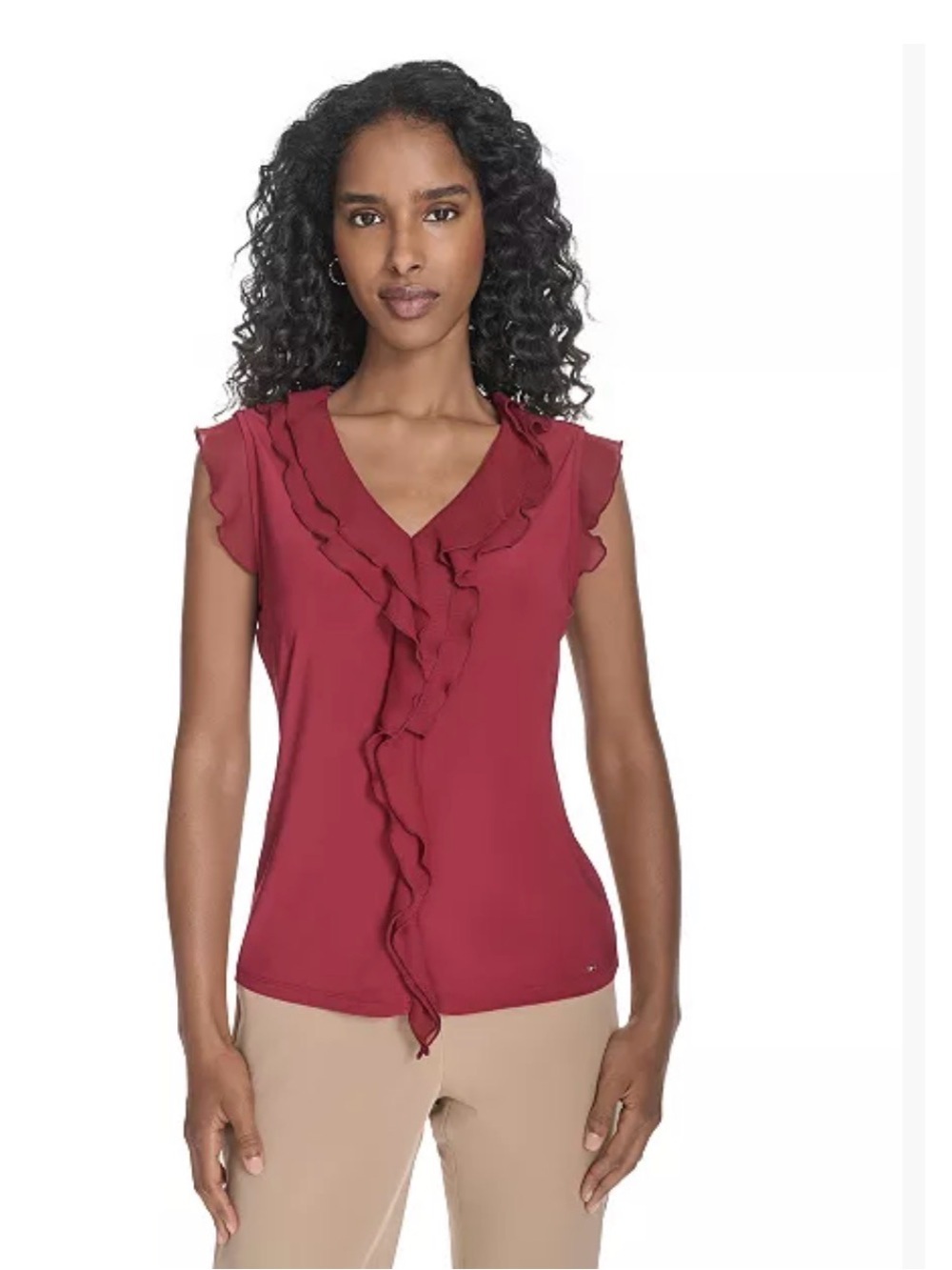 Tommy Hilfiger Deep Red Ruffle V-Neck Sleeveless Top
